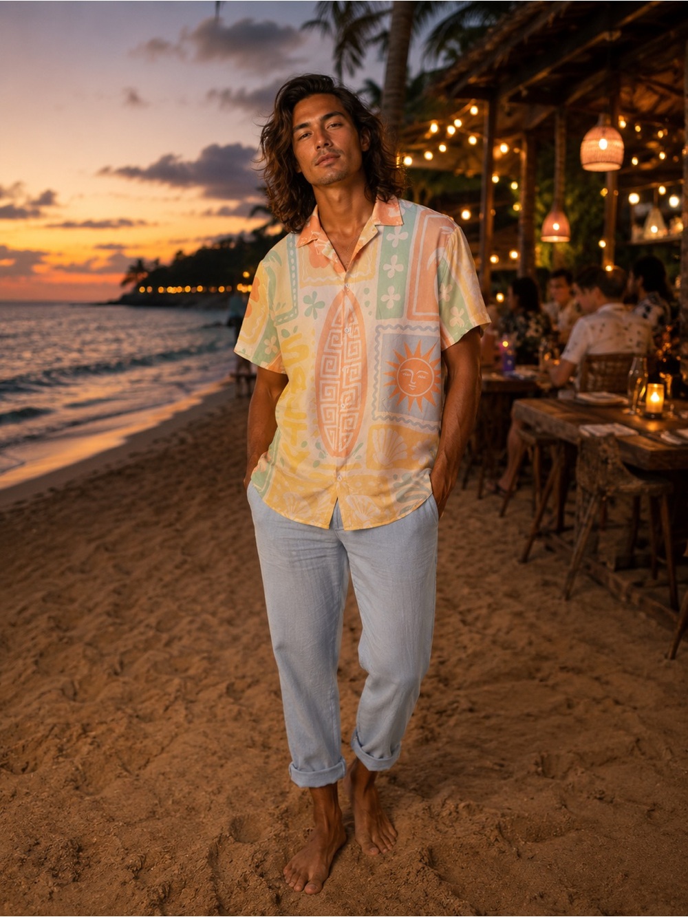 Men's Short Sleeve Pastel Tropical Print Camp Shirt